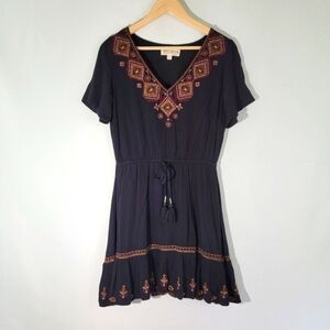 IDYLLWIND Embroidered Boho Dress XS Black Short Sleeve Boho Grunge Goth Tassel